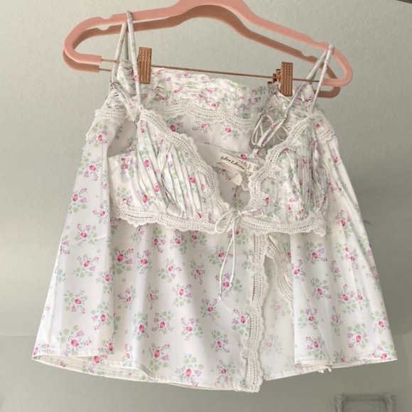 For Love And Lemons Dresses & Skirts - For Love and Lemons White Floral Satin Lace Mini Slip Skirt Bra Set